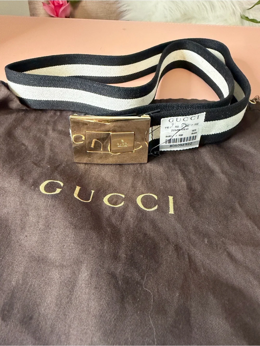 Gucci Black Ivory Canvas Web Belt Gold Tone Square Buckle Size 90 36 Vintage